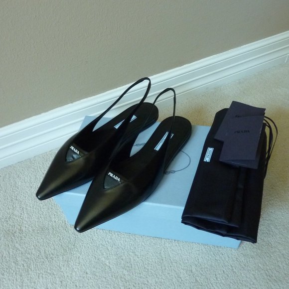 Prada Shoes - Prada Brushed Leather Slingback Logo Detail Flats
